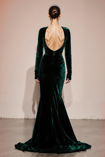 Dark Green V-Neck Mermaid Velvet Military Ball Dresses with Slit